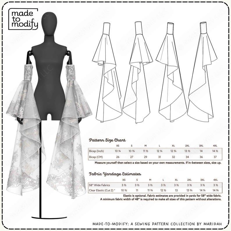 The image is a sewing pattern collection by Maridah, featuring a mannequin wearing a white long drape sleeves and a fabric yardage chart and fabric yardage estimates.