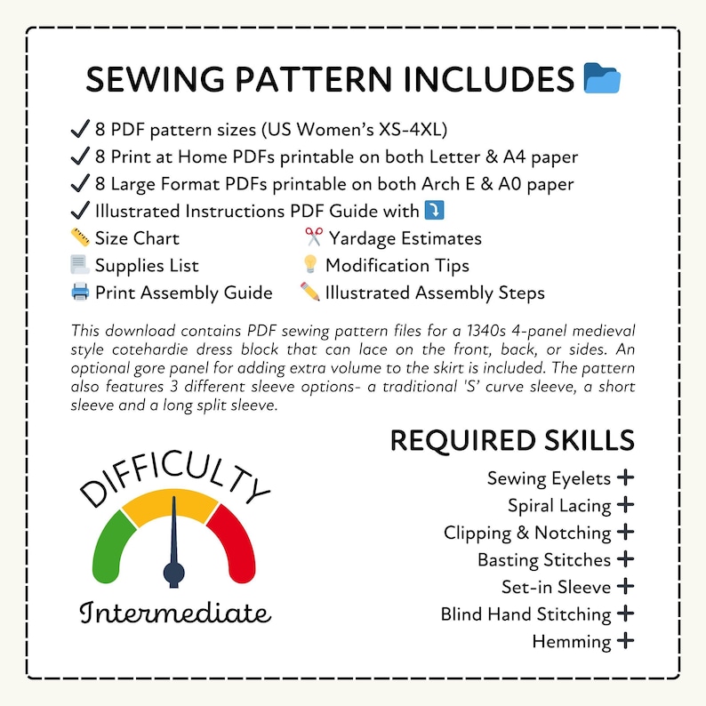 Medieval Dress Sewing Pattern | Kirtle Cotehardie Costume XS-4XL (PDF Digital Download) image 8