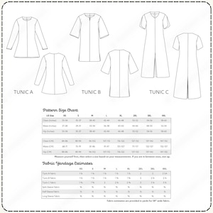 three different patterns of tunics, each with varying sizes and styles, along with fabric yardage estimates for each pattern.
