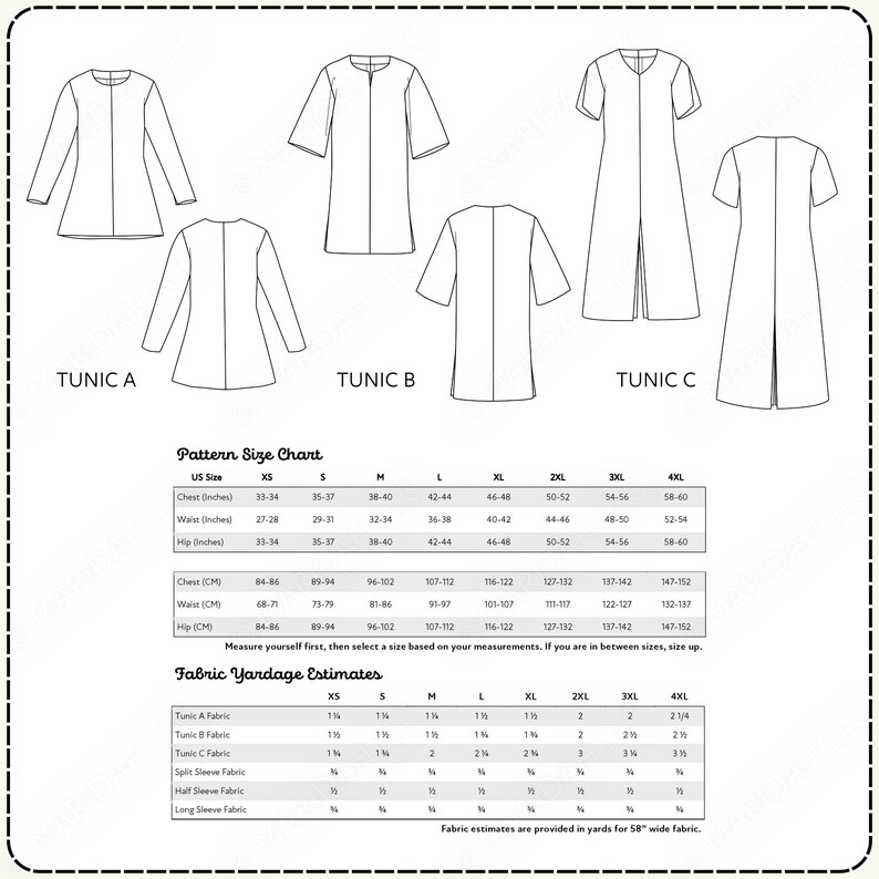 three different patterns of tunics, each with varying sizes and styles, along with fabric yardage estimates for each pattern.