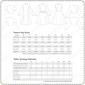 a pattern size chart and fabric yardage estimates for various dress sizes, including US, L, XL, and 2XL. The chart provides measurements for chest, waist, hips, and bust sizes, along with corresponding dress sizes. The fabric yardage estimates are provided in yards for a wide range of sizes, from 5L to 12L.