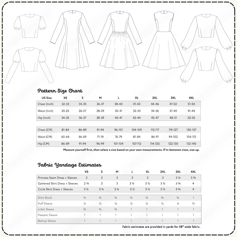 a pattern size chart and fabric yardage estimates for various dress sizes, including US, L, XL, and 2XL. The chart provides measurements for chest, waist, hips, and bust sizes, along with corresponding dress sizes. The fabric yardage estimates are provided in yards for a wide range of sizes, from 5L to 12L.