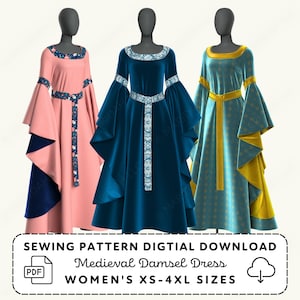 Damsel Gown PDF Sewing Pattern: Renaissance Medieval Dress, Womens XS-4XL (Digital Download)