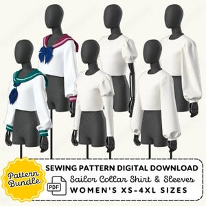 May include: A digital sewing pattern bundle featuring sailor collar shirts and various sleeve styles. The image displays multiple white tops with different collar and sleeve designs, including a green and navy blue sailor collar, and a red and white sailor collar. The pattern is available in XS-4XL sizes.