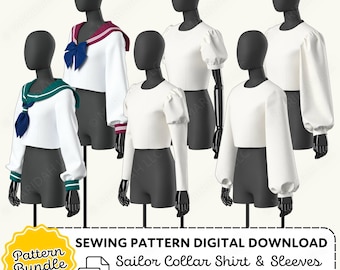 Sailor Collared Shirt and Sleeves Sewing Pattern Bundle | XS-4XL (PDF Digital Download)