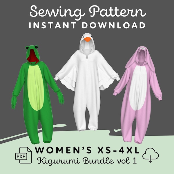 Kigurumi Pack vol 1 | Womens XS-4XL PDF Cosplay Pattern | Animal Pajama Jumper | Digital Download Print at Home Pattern