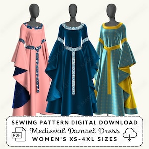 Damsel Gown Sewing Pattern | Medieval Renaissance Dress Womens XS-4XL (PDF Digital Download)
