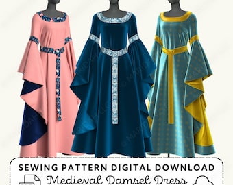Damsel Gown Sewing Pattern | Medieval Renaissance Dress Womens XS-4XL (PDF Digital Download)