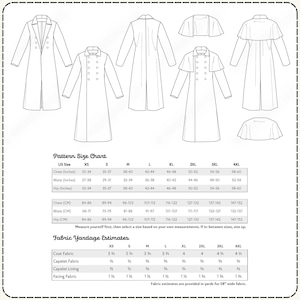 Technical sketches of a long duster coat with optional shoulder cape, a sizing chart, and yardage estimates for the sewing pattern.