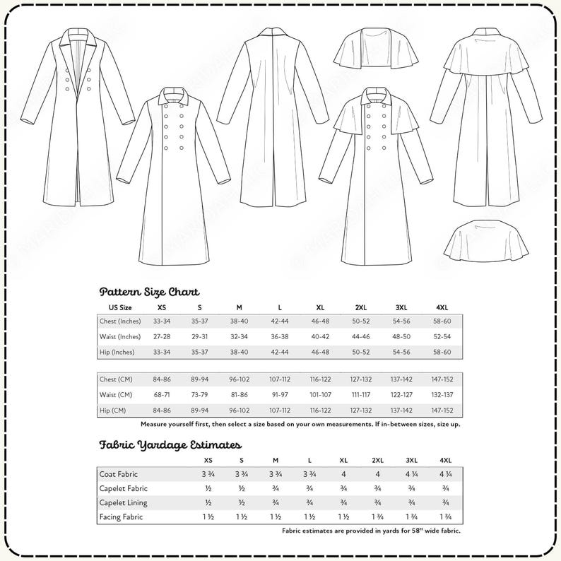 Technical sketches of a long duster coat with optional shoulder cape, a sizing chart, and yardage estimates for the sewing pattern.