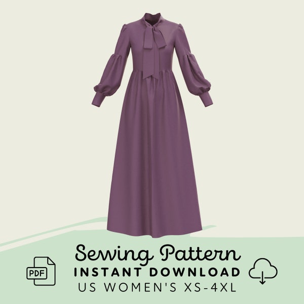 Bow Collar Dress Sewing Pattern | Womens XS-4XL Dress Pattern Digital Download PDF