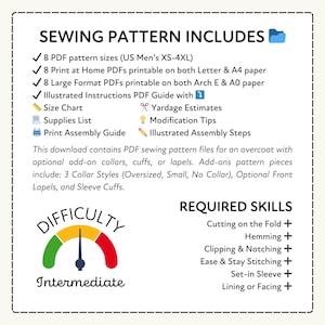 Sewing pattern information with required skills and difficulty level on a white background.
