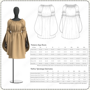 A pattern size chart and fabric yardage estimations for a chemise dress, including technical sketches of the design.