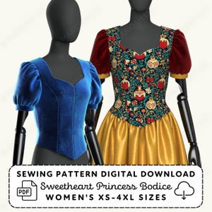 Princess Bodice Sewing Pattern | Weddings Costumes Sweetheart Neckline XS-4XL (PDF Digital Download)