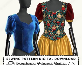 Princess Bodice Sewing Pattern | Weddings Costumes Sweetheart Neckline XS-4XL (PDF Digital Download)