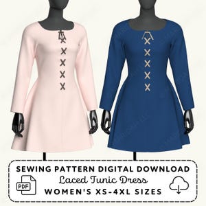 Puede incluir: Dos vestidos túnica, uno rosa claro y otro azul marino, se muestran en maniquíes. Cada vestido presenta mangas largas y un detalle de corpiño con cordones. La imagen incluye el texto: "SEWING PATTERN DIGITAL DOWNLOAD Laced Tunic Dress WOMEN'S XS-4XL SIZES."