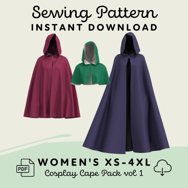 Kapuzen Cape Schnittmuster | Womens XS-4XL Cape PDF Cosplay Pattern | Digitaler Download Print at Home Muster