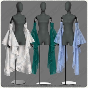 Three mannequins wearing long drape sleeves and flowing fabric are displayed on a gray background.
