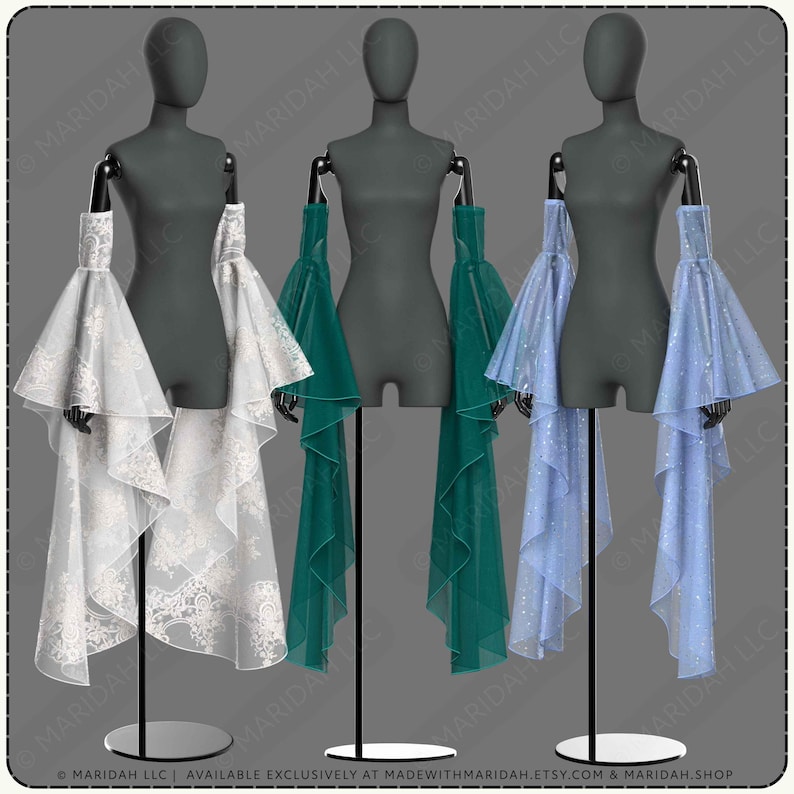 Three mannequins wearing long drape sleeves and flowing fabric are displayed on a gray background.