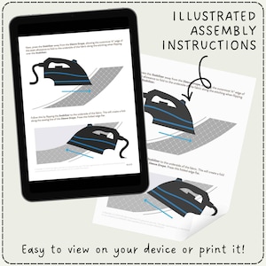 The image is a collage of illustrated instructions on a tablet screen and printed paper.