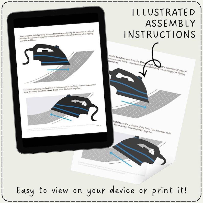 The image is a collage of illustrated instructions on a tablet screen and printed paper.
