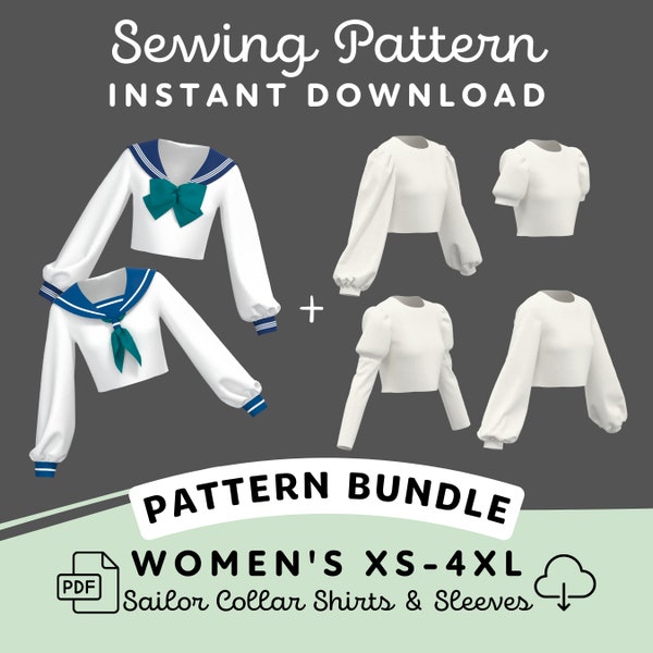 Sailor Collared Shirt and Sleeves Bundle | Womens XS-4XL Seifuku Uniform PDF Cosplay Pattern | Digital Download Print at Home Pattern