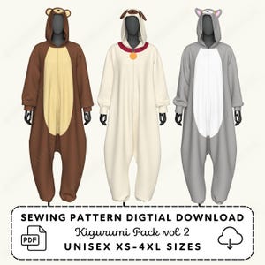 Kigurumi Sewing Pattern: Cat, Dog, Bear Cosplay Pajama Jumper (XS-4XL PDF Digital Download)