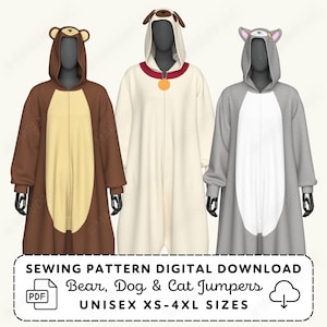 Kigurumi Sewing Pattern | Cat Dog Bear Cosplay Pajama Jumper XS-4XL (PDF Digital Download)