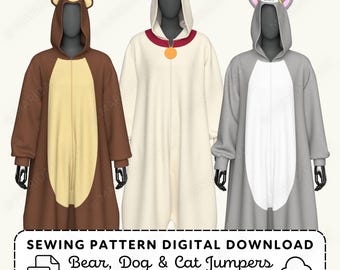 Kigurumi Sewing Pattern | Cat Dog Bear Cosplay Pajama Jumper XS-4XL (PDF Digital Download)