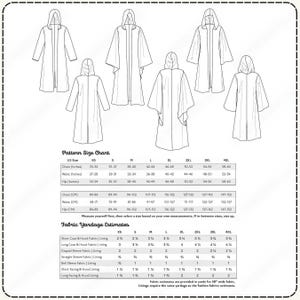 A pattern size chart and fabric yardage estimates for a robe, along with measurements for various sizes.