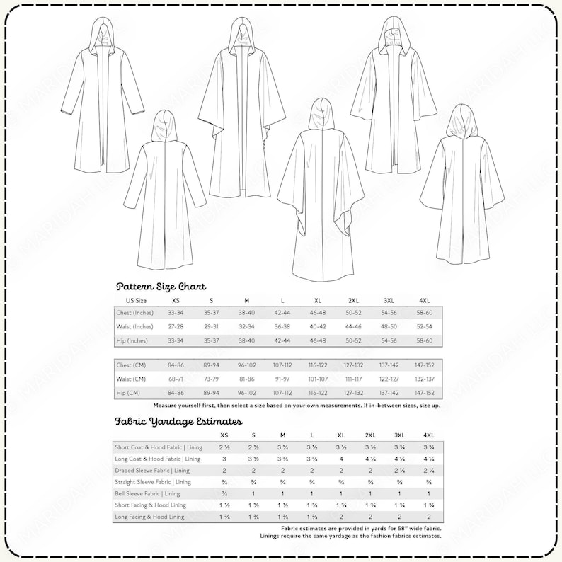A pattern size chart and fabric yardage estimates for a robe, along with measurements for various sizes.