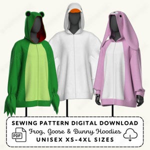 Animal Hoodie Sewing Pattern | Goose Bunny Frog Kigurumi XS-4XL (PDF Digital Download)
