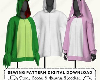 Animal Hoodie Sewing Pattern | Goose Bunny Frog Kigurumi XS-4XL (PDF Digital Download)