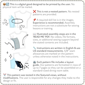May include: A digital sewing pattern guide featuring black and white line drawings of garment assembly steps, including icons for an iron and scissors. The text specifies instructions in English with 5/8 inch seam allowances and layout guides.