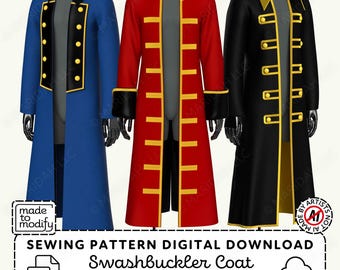 Swashbuckler Coat Sewing Pattern | Pirate Cosplay Frock Coat, XS-4XL (PDF Digital Download)