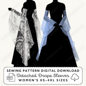 Può includere: Sono mostrate due maniche drappeggiate staccate. Una è bianca con un motivo floreale, l'altra è azzurra con glitter. Il testo recita: "SEWING PATTERN DIGITAL DOWNLOAD Detached Drape Sleeves WOMEN'S XS-4XL SIZES."