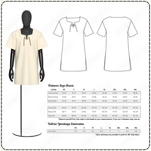 a pattern size chart and fabric yardage estimators for a dress, along with a mannequin wearing the dress.