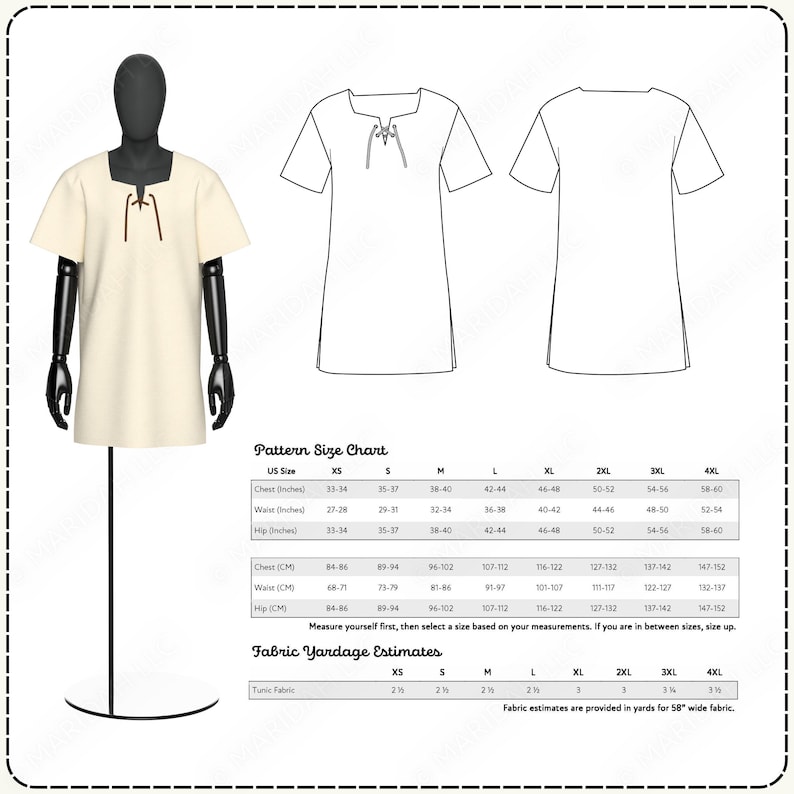 a pattern size chart and fabric yardage estimators for a dress, along with a mannequin wearing the dress.