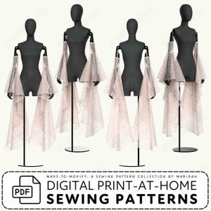 Four mannequins wearing long sleeves made of sheer fabric. Text reads Digital Print at Home Sewing Patterns