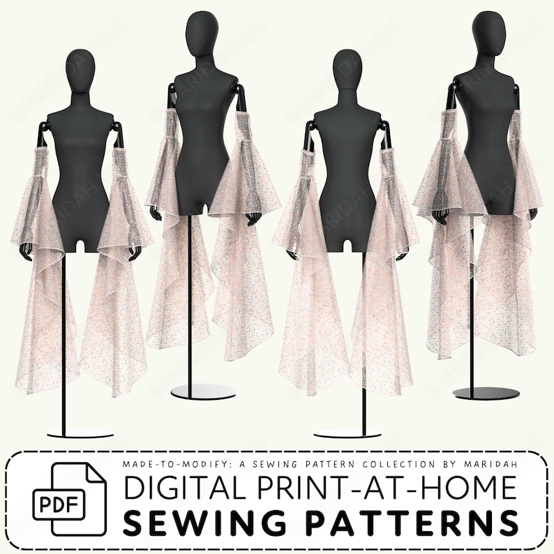 Four mannequins wearing long sleeves made of sheer fabric. Text reads Digital Print at Home Sewing Patterns