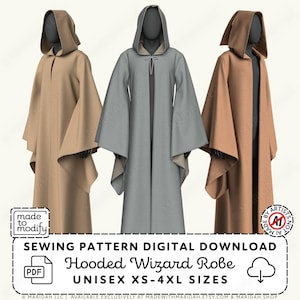 May include: Three hooded robes with wide sleeves displayed on mannequins in tan, gray, and brown. Text reads: made to modify, SEWING PATTERN DIGITAL DOWNLOAD, Hooded Wizard Robe, UNISEX XS-4XL SIZES, PDF, and a cloud icon with a downward arrow.