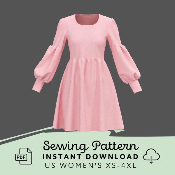 Lantern Sleeve Dress Sewing Pattern | Womens XS-4XL Dress Pattern Digital Download PDF