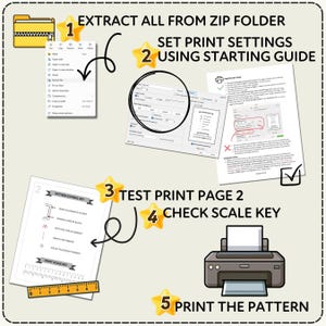 A step-by-step guide on how to print a PDF pattern, with illustrations and text to explain the process.