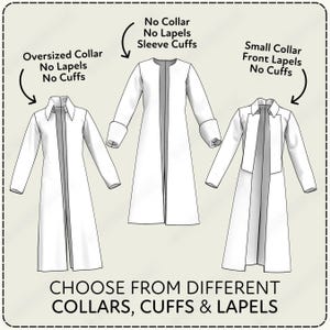 Diagram showing different coat designs with labels for collars, lapels, and cuffs on a beige background. Text that states you can choose from different options.