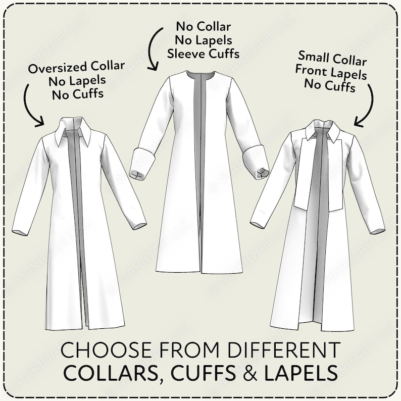 Diagram showing different coat designs with labels for collars, lapels, and cuffs on a beige background. Text that states you can choose from different options.