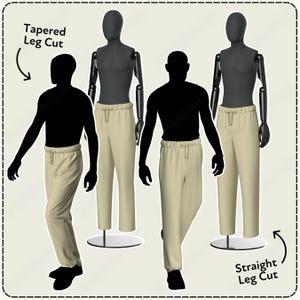 four mannequins wearing different types of leg cuts, including a taperred leg cut, a straight leg cut, and a taperred leg cut with a straight leg cut.
