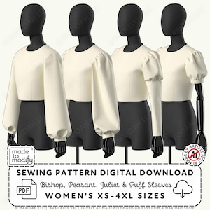 Può includere: Quattro manichini neri mostrano top corti color crema con vari stili di maniche, tra cui a vescovo, a contadina, a juliet e a sbuffo. Il testo recita: SEWING PATTERN DIGITAL DOWNLOAD, Bishop, Peasant, Juliet & Puff Sleeves, XS-4XL SIZES.