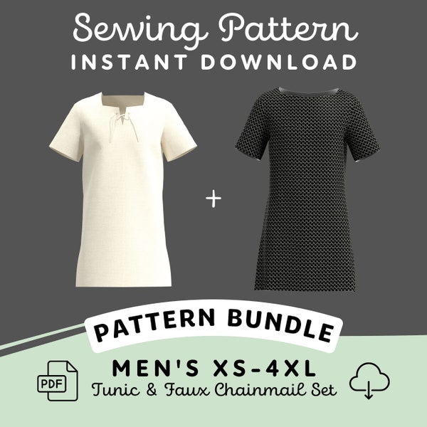 Tunic and Faux Chainmail Shirt Sewing Pattern Set | Mens XS-4XL PDF Cosplay Pattern | Digital Download Print at Home Pattern