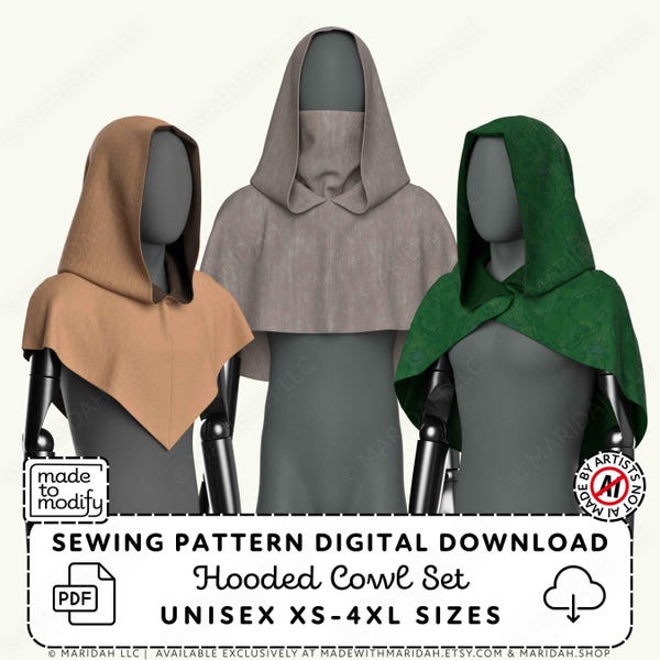Hooded Cowl Capelet Sewing Pattern | Unisex Renaissance Hood, 3 Yoke Styles (PDF Digital Download)