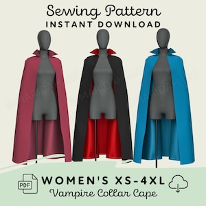 Vampire Collar Cape Sewing Pattern | Womens XS-4XL Cape PDF Cosplay Pattern | Digital Download Print at Home Pattern